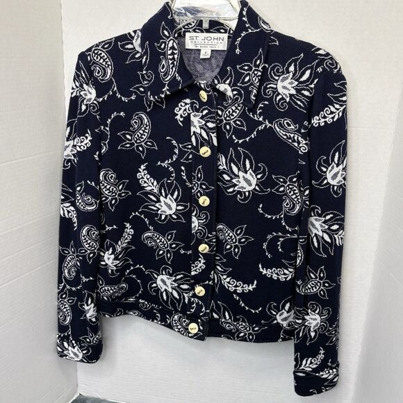 Sweaters - St John Collection Marie Gray Woman Navy Blue & White Floral Tapestry Cardigan 6